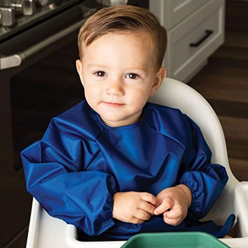 Tiny Twinkle Mess Proof Baby Bibs, 2pk Waterproof Smock Baby Bibs for Eating, Machine Washable Long Sleeve Bibs, Baby Led Weaning, Toddler Bibs, BLW Supplies (Grey Indigo, Small 6-24 Months)