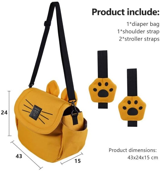 SUNVENO Universal Stroller Organizer with Cup Holder and Shoulder Strap, Cute Cartoon Cat Design, Diaper Bag with Multiple Inner Pockets, Fits Uppababy, Baby Jogger, Britax & Pet Strollers,Yellow