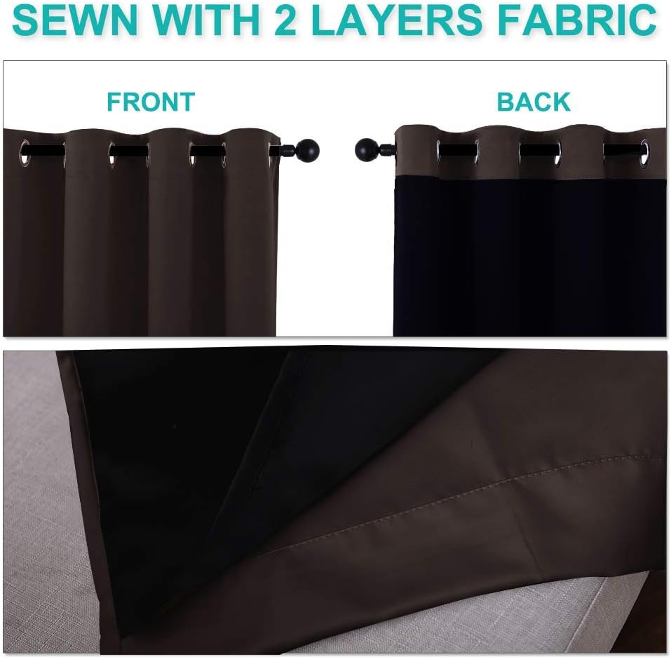 NICETOWN 100% Blackout Curtains for Windows, Pack of 2, Brown, 52 inches W x 120 inches L, Super Heavy-Duty Black Lined Total Darkness Drapes for Bedroom, Privacy Assured Window Treatment for Patio