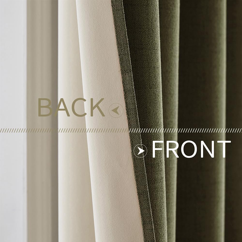 MIULEE Linen Texture Curtains for Bedroom Solid 100% Blackout Thermal Insulated Light Olive Green Curtains Grommet Room Darkening Drapes for Living Room Nursery 52x54 Inch (2 Panels)