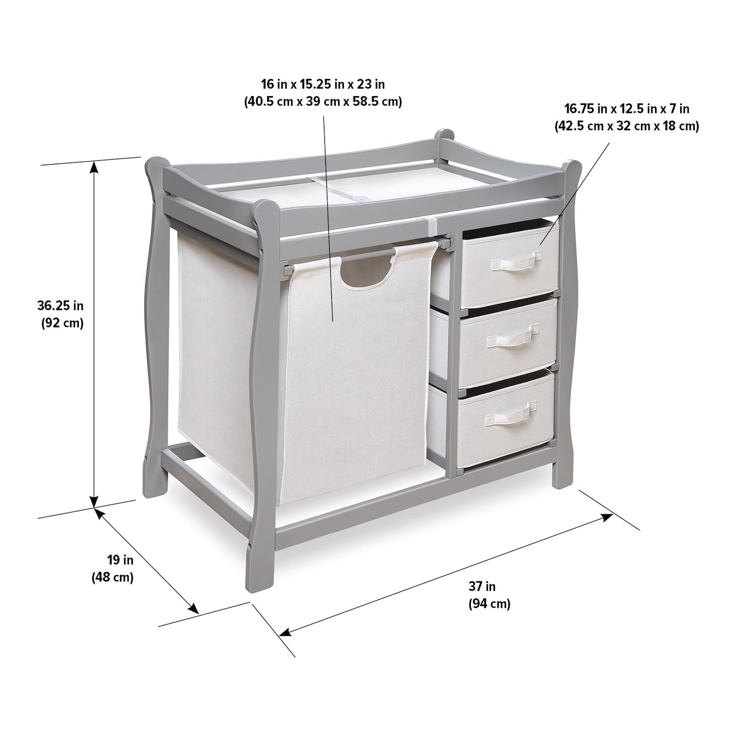 Badger Basket Sleigh-Style Baby Changing Table - Diaper Changing Station with 3 Storage Baskets - Nursery Organizer with Hamper, Changing Pad, Safety Rails - Gray