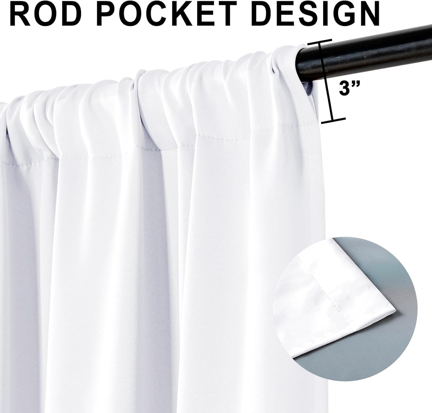 XWZO 100% Blackout Curtains 2 Panels with Tiebacks- Heat and Full Light Blocking Window Treatment with Black Liner for Bedroom/Nursery, Rod Pocket,White, W52 x L84 Inches Long, Set of 2