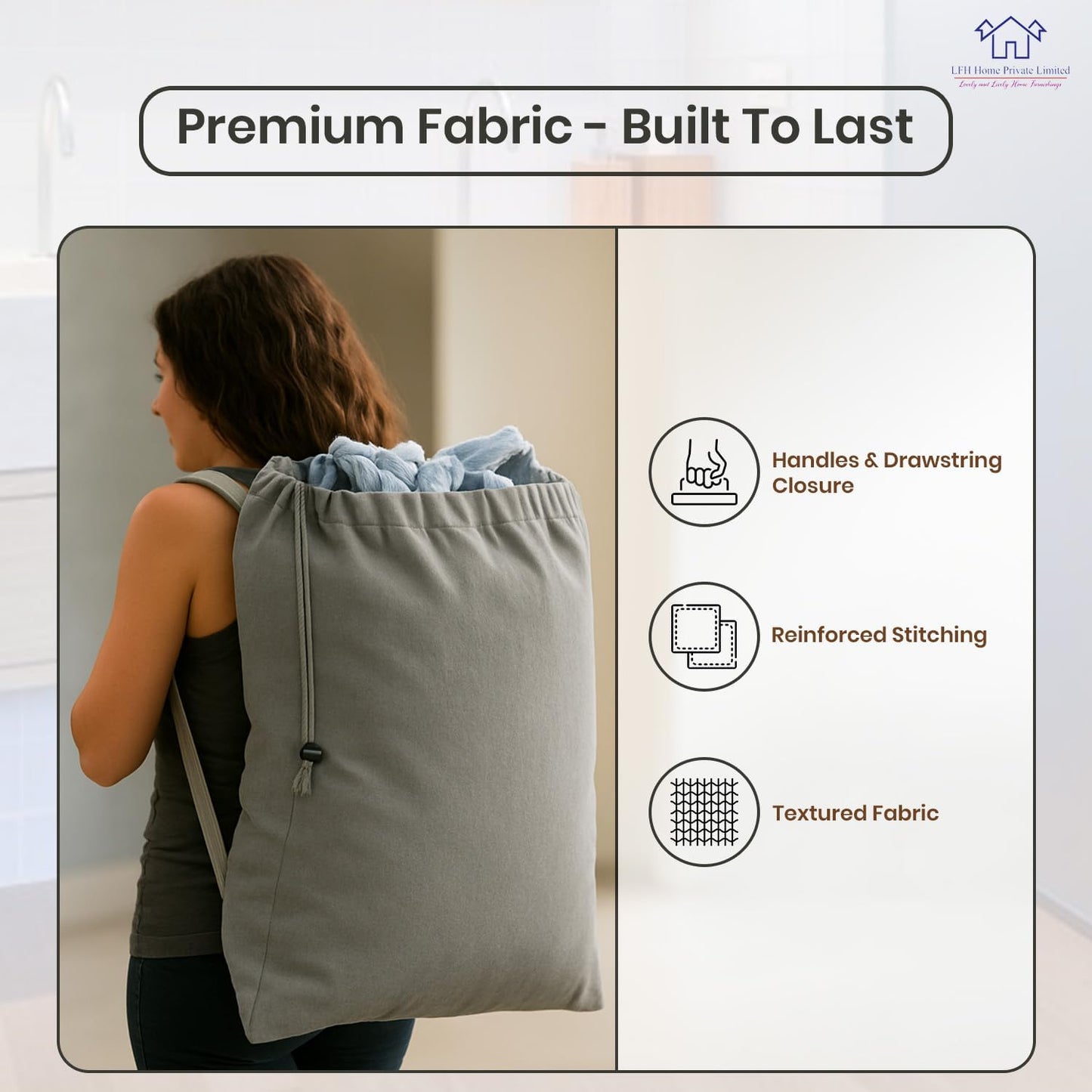 LFH Home Cotton Canvas Extra Large Laundry Bag with Handle, Heavy Duty Drawstring Closure Washable Laundry Bags, School Travel, Home, Hotel, College Dorm, Organizer Sack, Toys Clothes 28x40-Grey