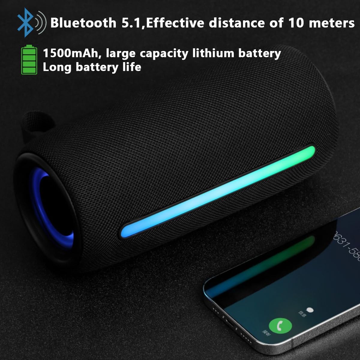 Wireless Portable Bluetooth Speaker: IPX6 Waterproof Outdoor Audio,fm Radio,USB/AUX/SD Card Play,LEDlights,TWS interconnected Stereo,Travel/Camping/Bike/Family/Party(Black)