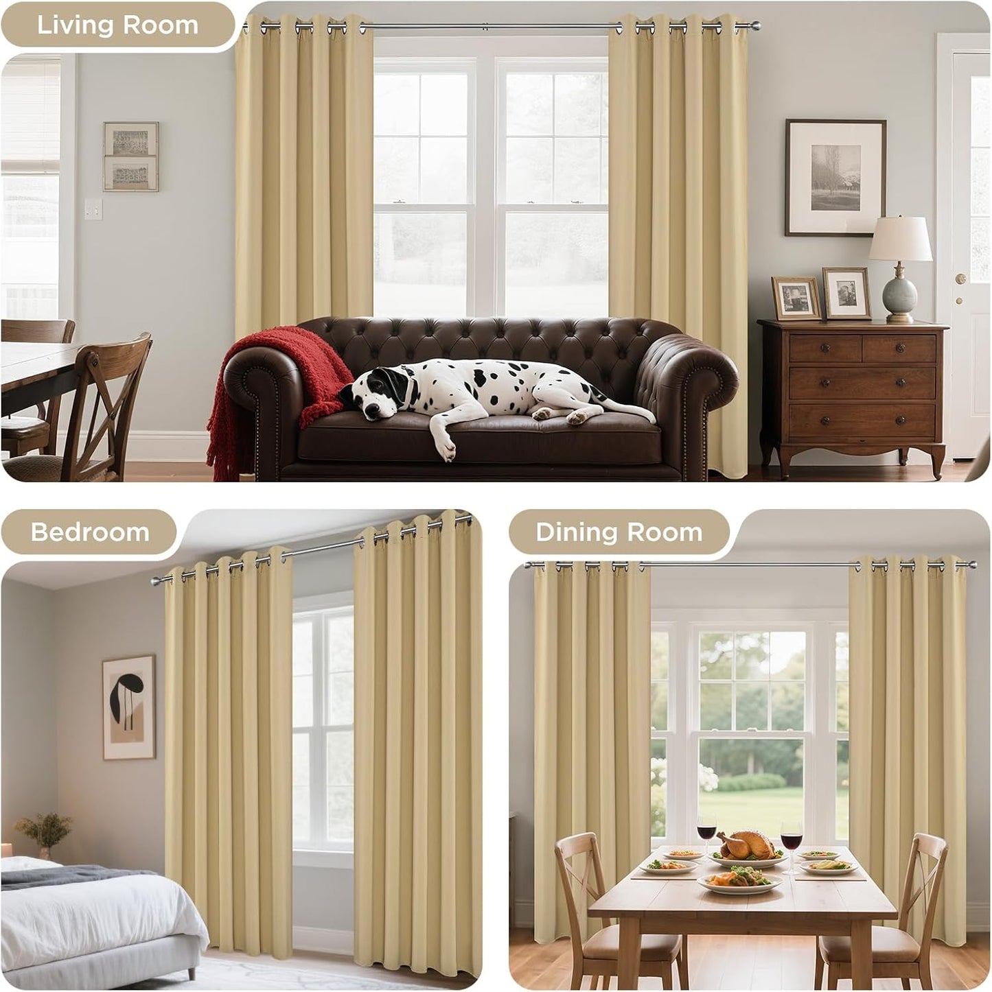 Joydeco Blackout Curtains 95 Inch Length 2 Panels Set, Thermal Insulated Long Curtains& Drapes 2 Burg, Room Darkening Grommet Drapes for Living Room Bedroom Window (W52 x L95 Inch, Beige)