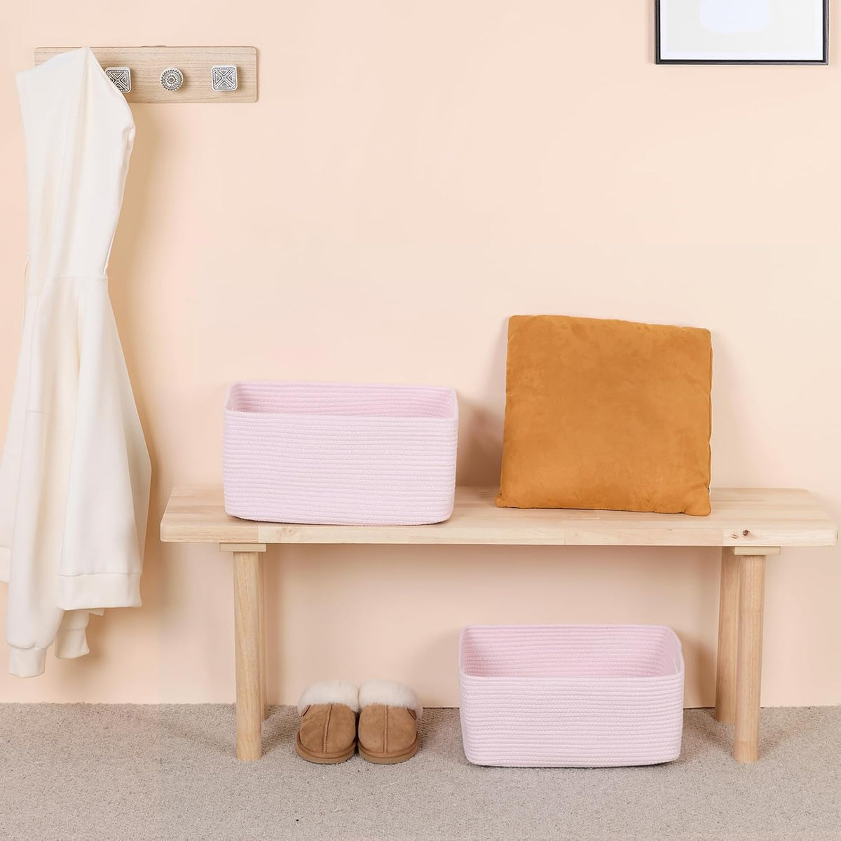 Large Storage Baskets for Shelves, Closet Organizers Bins for Clothes Blanket Towels, Baby Nursery, Toy Baskets Box, Woven Rope Baskets, 17 x 13 x 7.5β, 2 Packs Light Pink