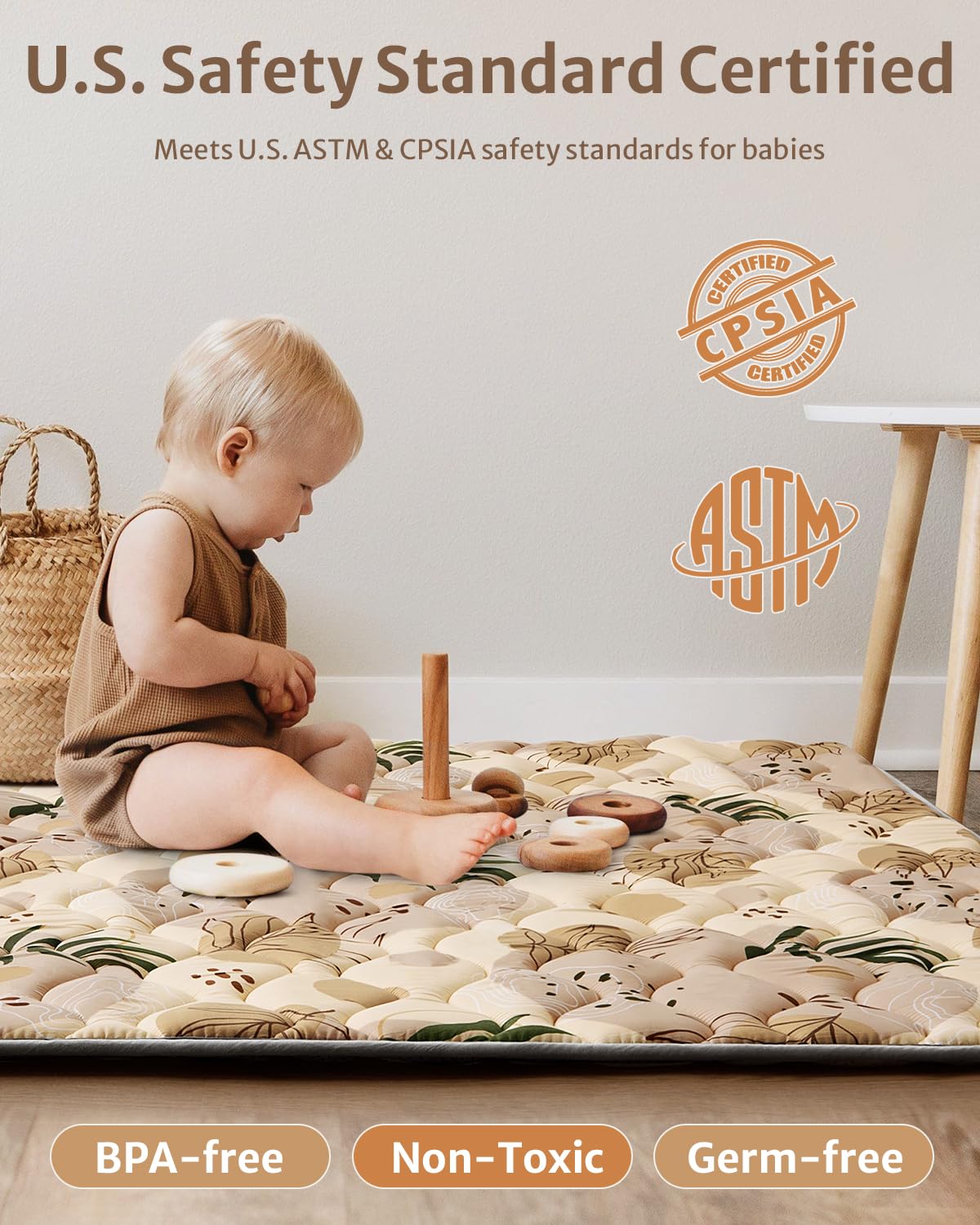 Blissful Diary Portable Baby Play Mats for Floor, Thick Cushioned Foldable Baby Crawling Mat for Indoor Outdoor, Non-Slip & Washable Kids Playmat for Tummy Time Activity, Earth Tones 43" X 43"