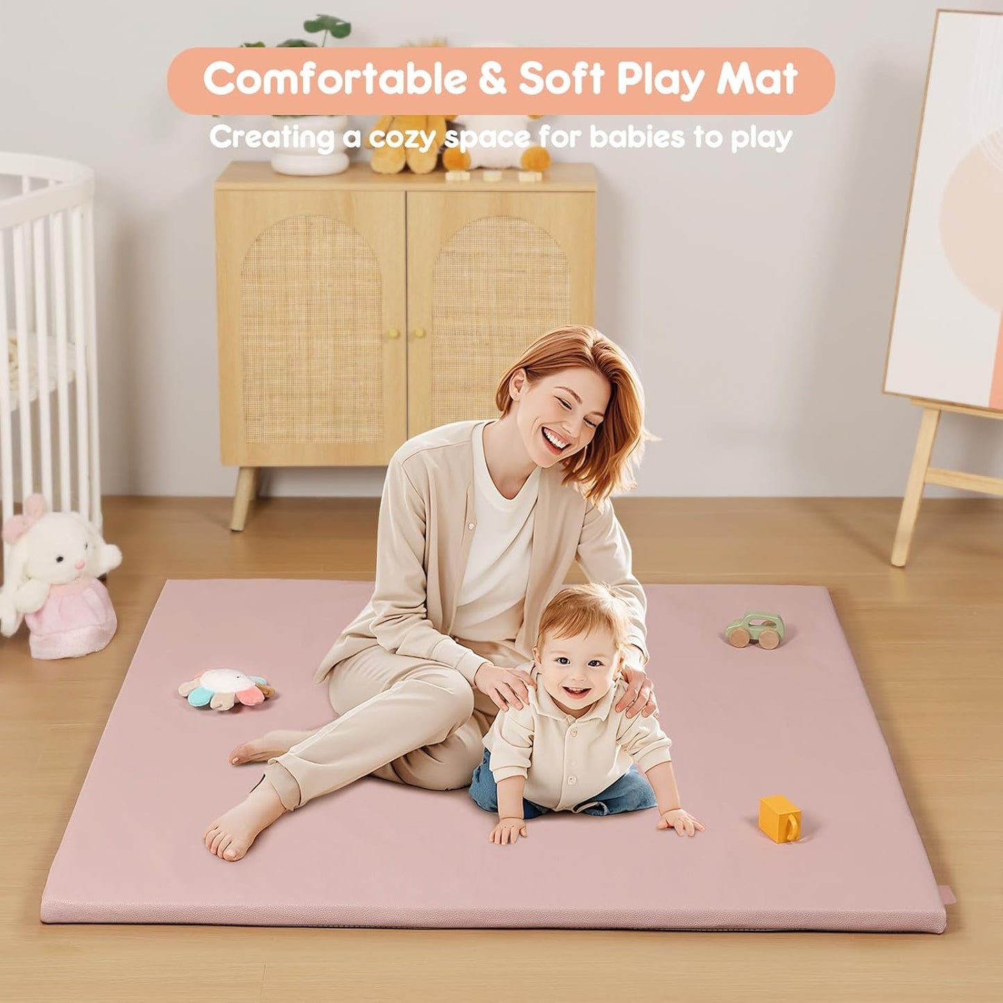 Padded Baby Play Mat, Super Soft Vegan Leather Floor Mat for Baby Girls and Boys, 48x48 Non-Slip Thick Foam Cushioned Play Mat for Babies 6-12 Months, Fits Nicely Into 50x50 Playpen Mat, Pink