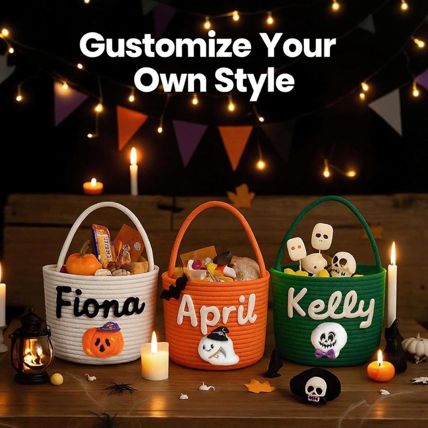 Custom Halloween Candy Basket with Name β Personalized Trick or Treat Bag for Kids, Woven Pumpkin or Ghost Bucket, Cute Halloween Tote for Boys & Girls