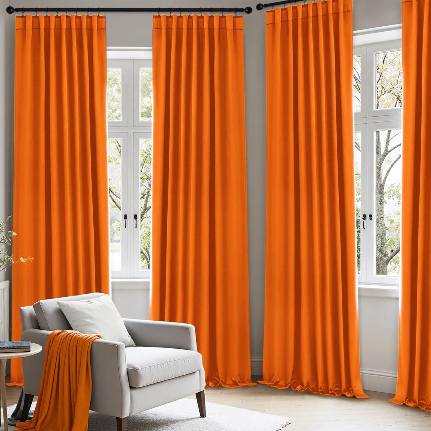 ANRODUO Back Tab Blackout Curtains for Bedroom Living Room, Rod Pocket Pinch Pleated Thermal Insulated Room Darkening Curtains 72 Inches Long 2 Panels, Orange, 42 x 72 Inch