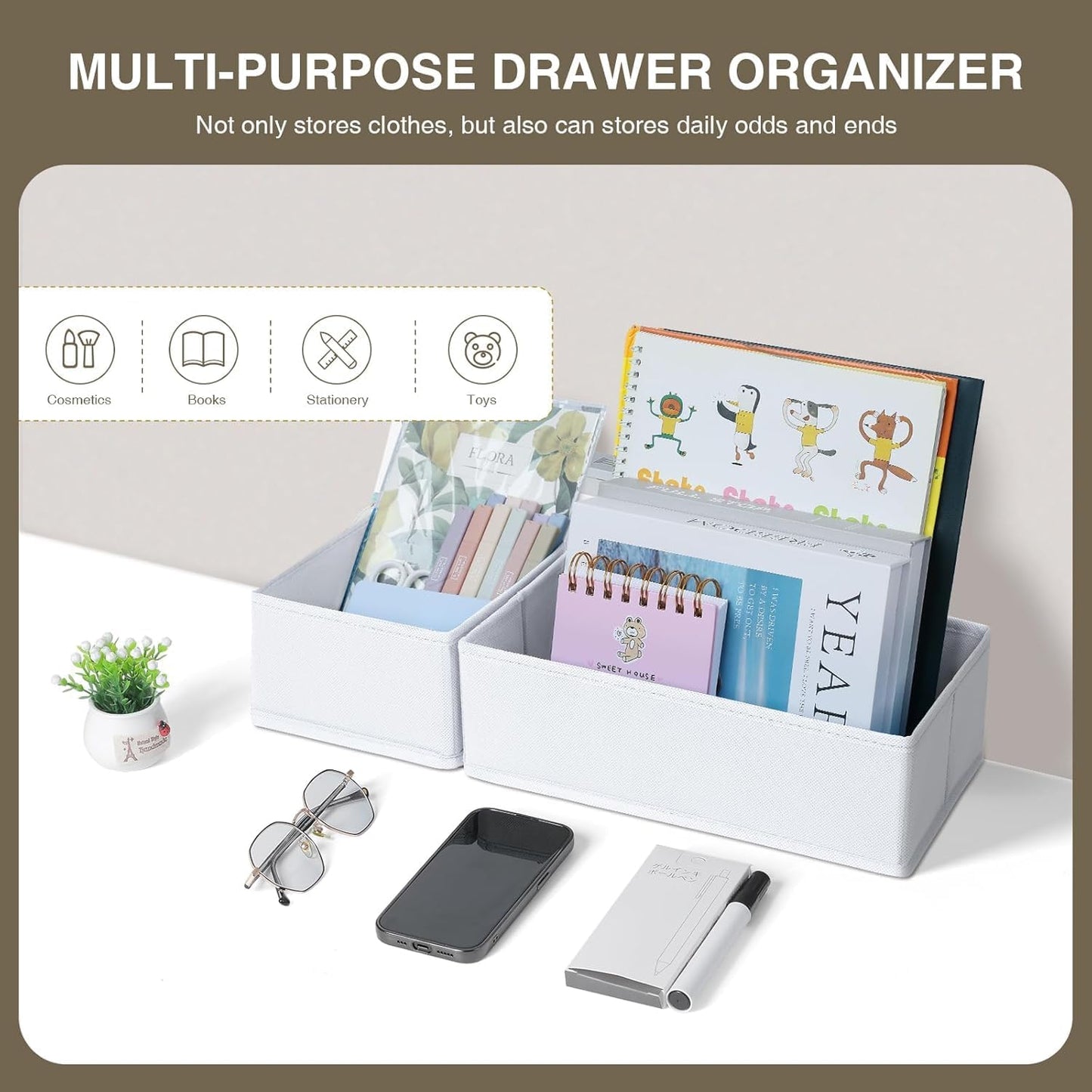 DIMJ Drawer Organizer Clothes, 18 Pack Dresser Organizer, Foldable Closet Organizers and Storage, Fabric Bins, Drawer Dividers for Nursery, Baby Clothes, Underwears, Sock (White)