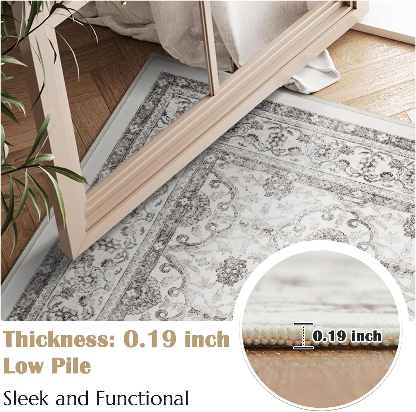 jinchan Floral Runner Rug 2x5 - Machine Washable Beige Vintage Distressed Design Soft Non-Slip Low-Pile Ultra-Thin Runner Rug for Kitchen Hallway Laundry Room Entryway Farmhouse (2‘x5',Beige)