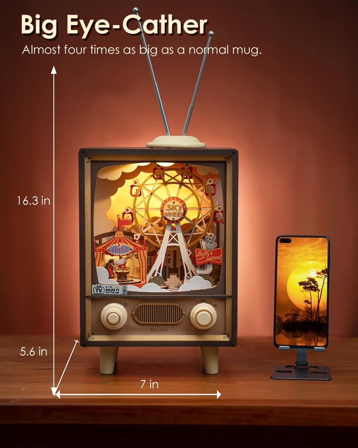 Rolife 3D Wooden Puzzles for Adults DIY Book Nook Kit 16" Ferris Wheel Music Box Model Building Set with LED Crafts for Adults Gifts for Girls Boys (Sunset Carnival)