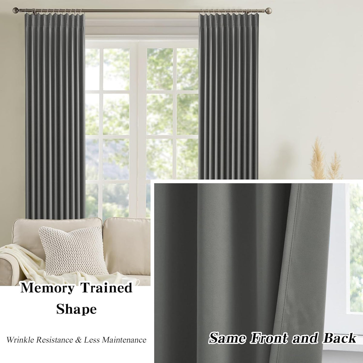 KEQIAOSUOCAI 94 Inch Pinch Pleat Living Room Curtains & Drapes 2 Set, Thermal Insulated Cabin Accordion Style Vertical Pleat Draft for Bedroom 40 x 94-inch(40 Wide Each Panel,Grey Color)