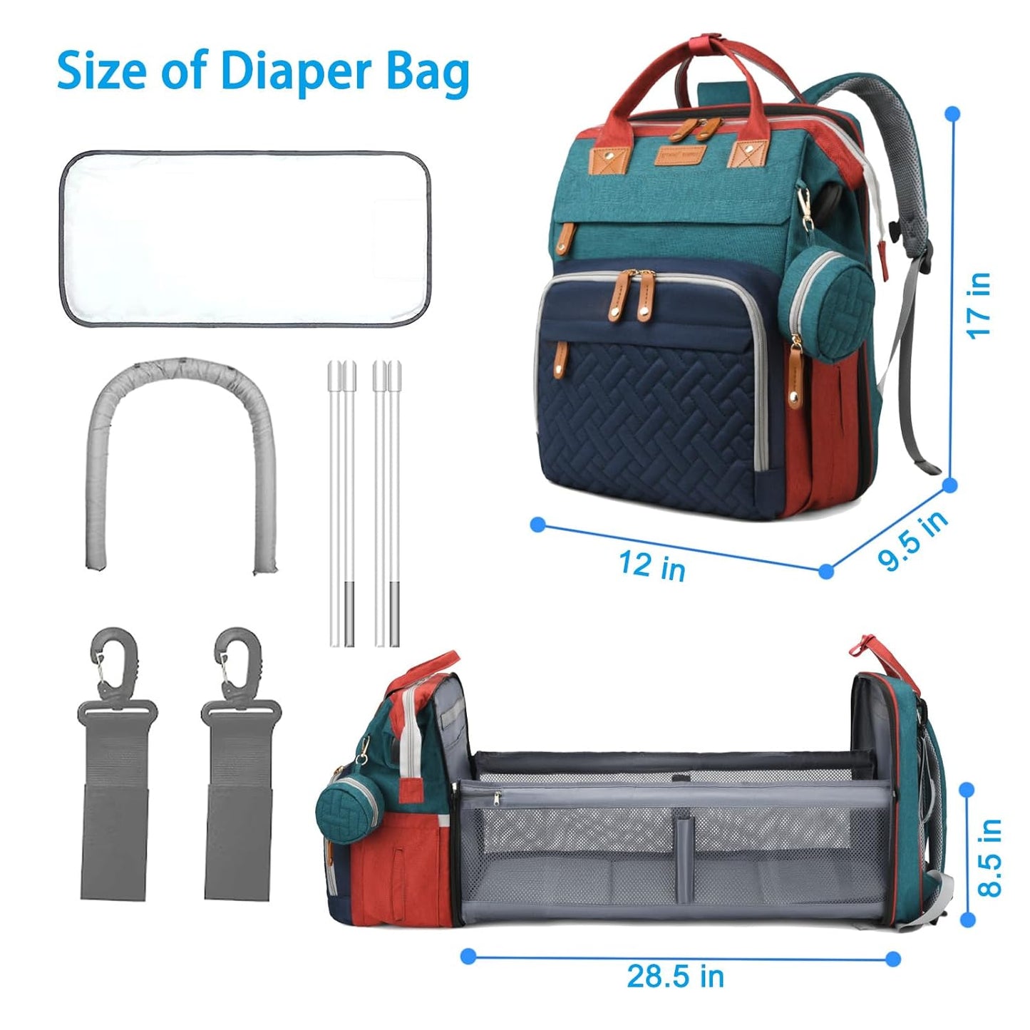 Jeryswet Baby Diaper Bags with Changing Station, Waterproof Large Capacity Diaper Bag Backpack for Moms Dads with USB Charging Port and Stroller Straps, Baby Shower Gifts, RGB