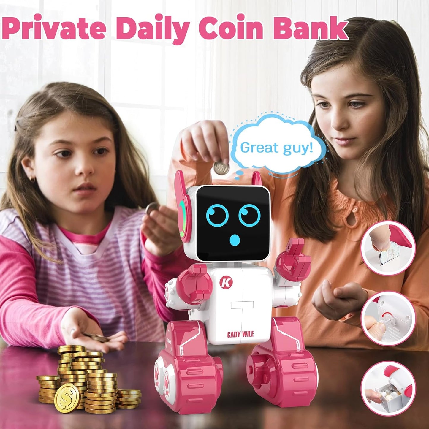 okk Robot Toys for Kids, Programmable Remote Control Robot, Interactive Toys with Coin Bank, LED and Tray, Walking Talking Singing Dancing Gift for Boys Girl(Pink)