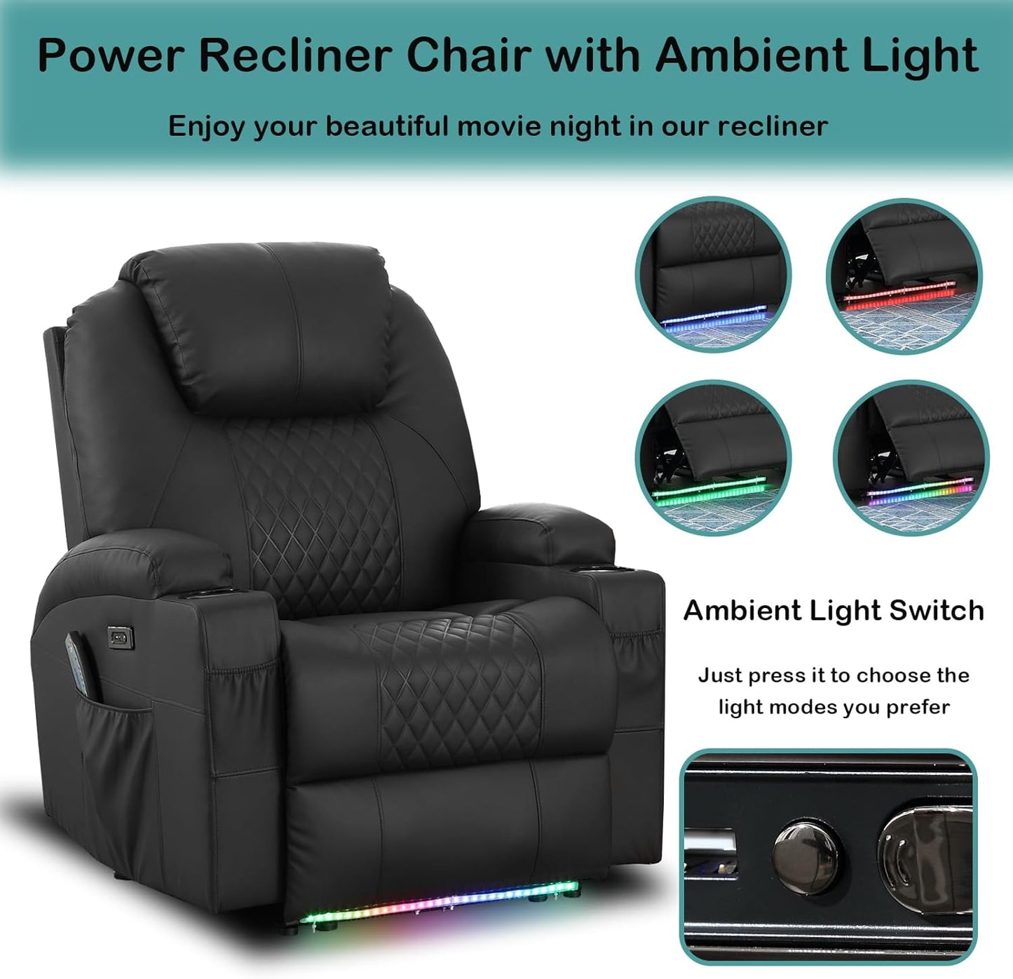 Power Recliner Chair with Heat and Massage for Adults - Home Theater Seating with LED Lights,Cup Holders,Side Pocket,USB Port - Recliner Sofa for Living Room(Black, Single Recliner)