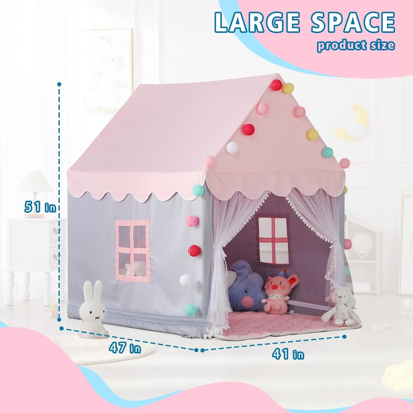 Wilwolfer Kid Tent with Mat, Star Lights - Kids Play Tents for Toddlers Kids Tents Indoor Playhouse - Princess Tent for Girls Toy House Gift (Gray with Mesh)