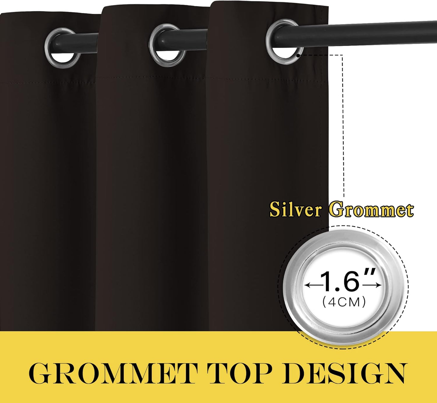 NICETOWN Toffee Brown Curtain Panels - Home Decoration Thermal Insulated Solid Grommet Blackout Curtains/Drapes for Hall/Sliding Door (80" Wide by 108" Long, Black, Set of 2)