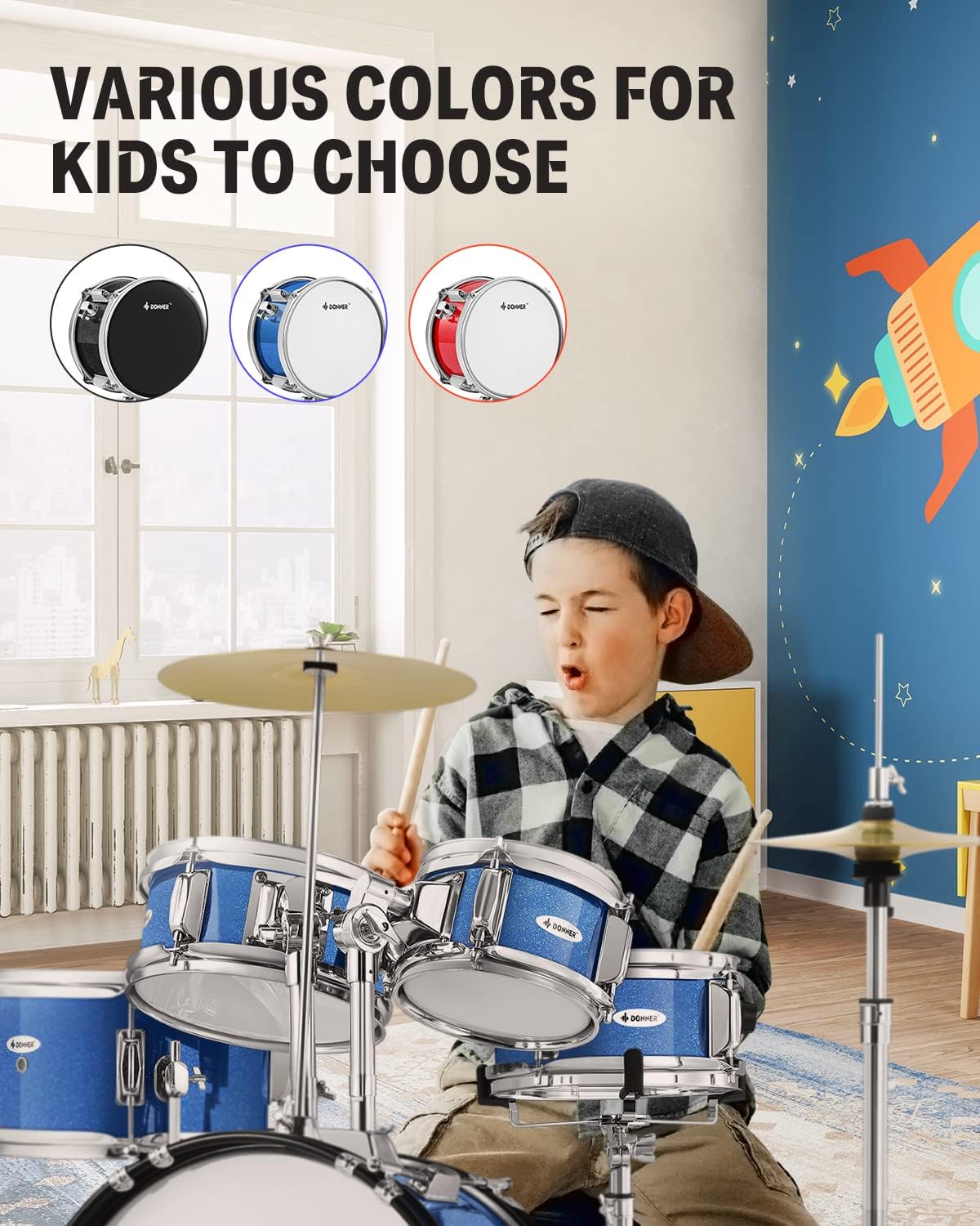 Kids Drum Sets-Donner 5-Piece for Beginners,14 inch Junior Drum Kit, with Adjustable Throne, Cymbal, Hi-Hat, Pedal & Drumstick, Present for Child-Blue