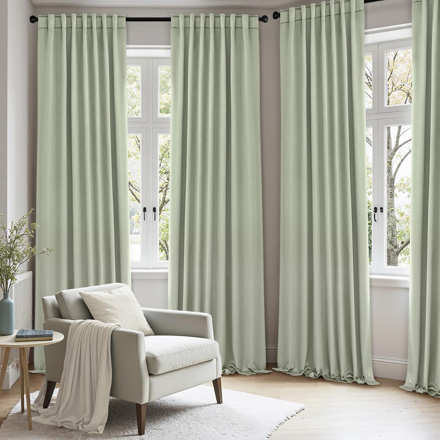 ANRODUO Back Tab Blackout Curtains for Bedroom Living Room, Rod Pocket Pinch Pleated Thermal Insulated Room Darkening Curtains 36 Inches Long 2 Panels, Sage Green, 42 x 36 Inch