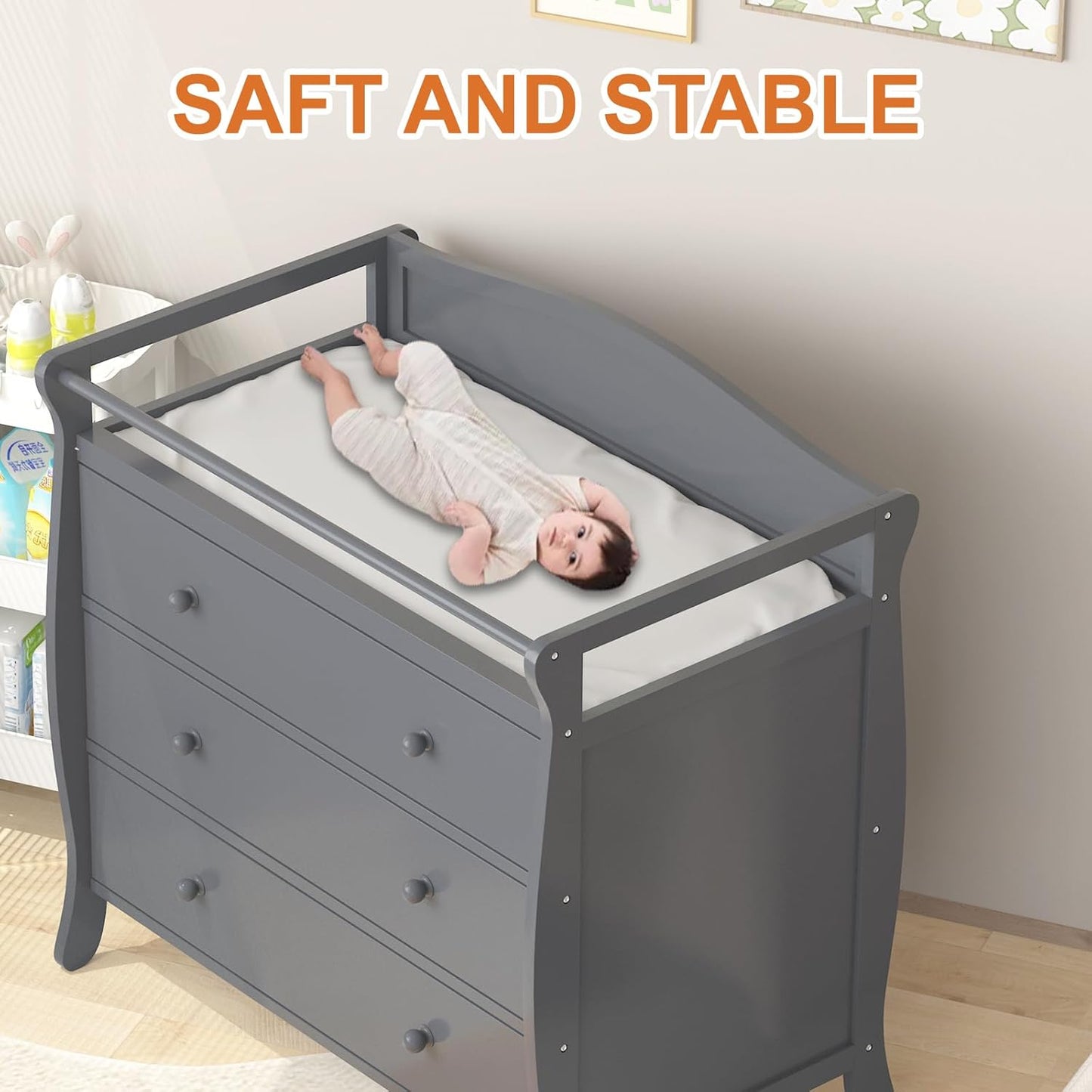 Garvee Wooden Diaper Changing Table,Baby Diaper Changing Station Infant Nursing Table with 3 Drawers, Safety Rail & Strap,Modern Baby Changing Table for Bedroom, Nursery