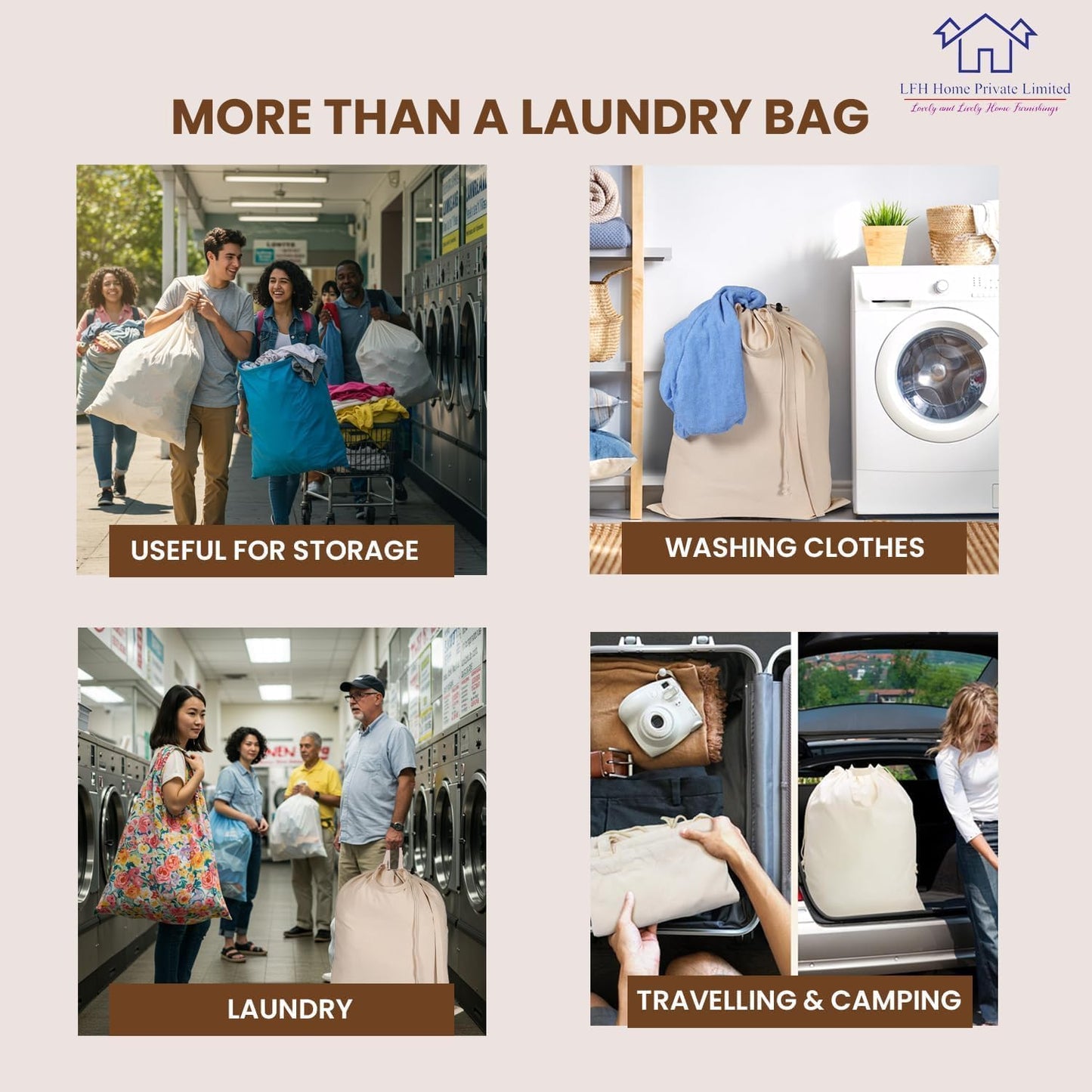 LFH Home Large Premium 100% Cotton Canvas Laundry Bag with Drawstring and Handles Heavy Duty, Multi-Use, and Washable for Home, Travel, College or Storage 28x36 (Pack of 4)-Natural