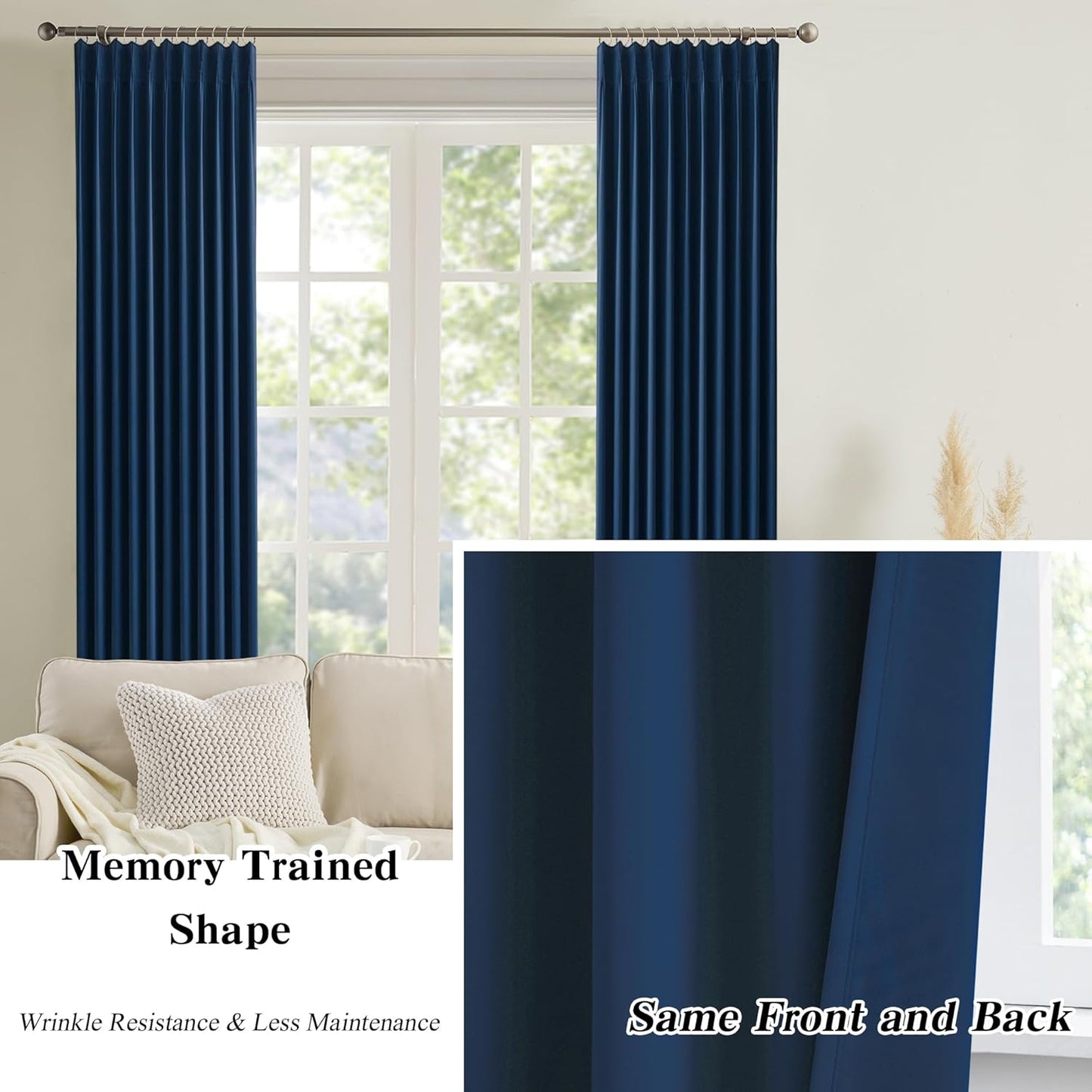 Pinch Pleated Curtains 150 Inches Long 2 Panels Set, Thermal Insulated Blackout Room Darkening Curtain for Bedroom,Window Draperies with Hooks(Navy Blue,40x150-inch)