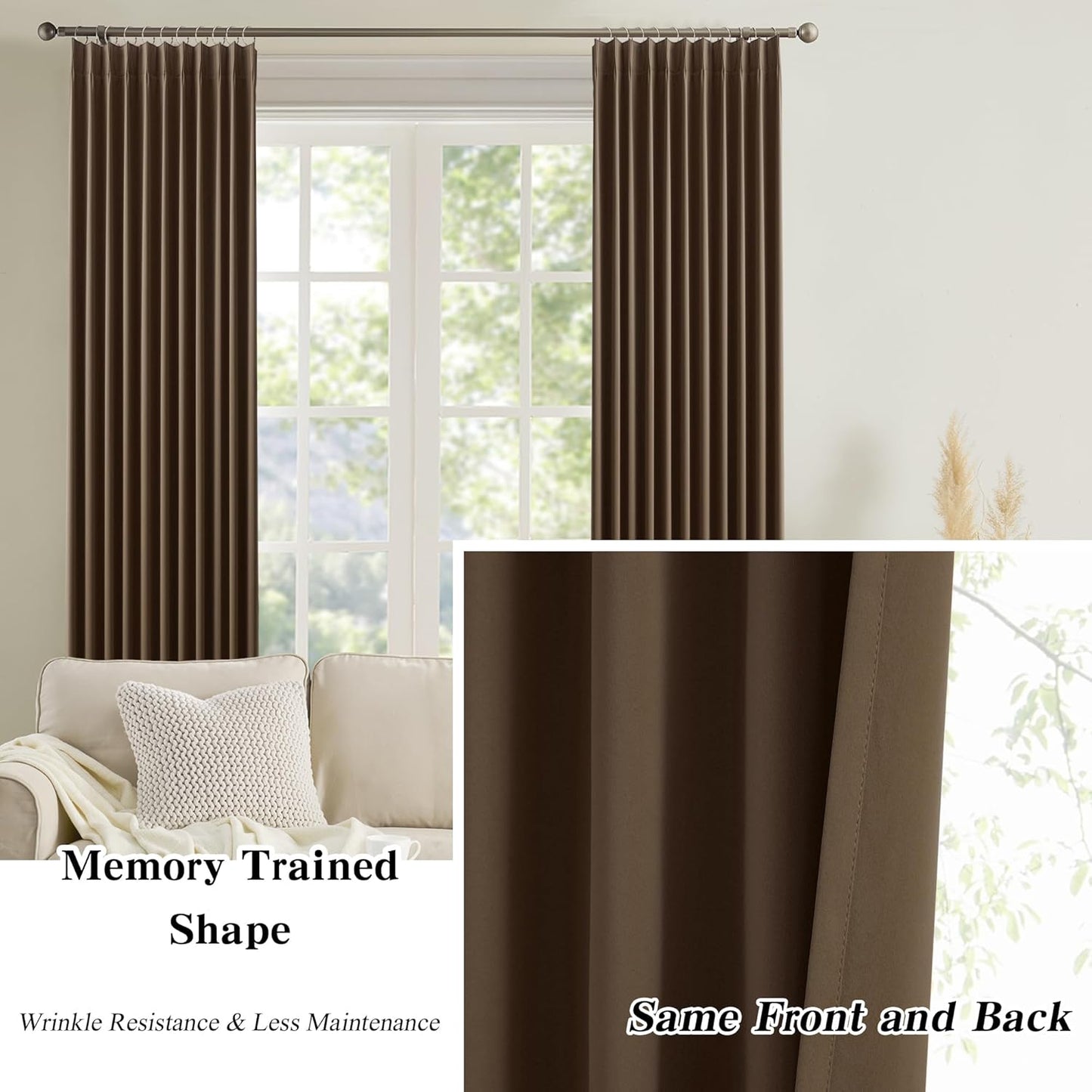 Brown Blackout Curtains 144 Inches Long 12 feet Tall, Extra Long Pinch Pleats Living Room Curtains Thermal Pleated Curtains Panels Drapery for Home, Hotel, Office, 40" W x 144" L, Set of 2