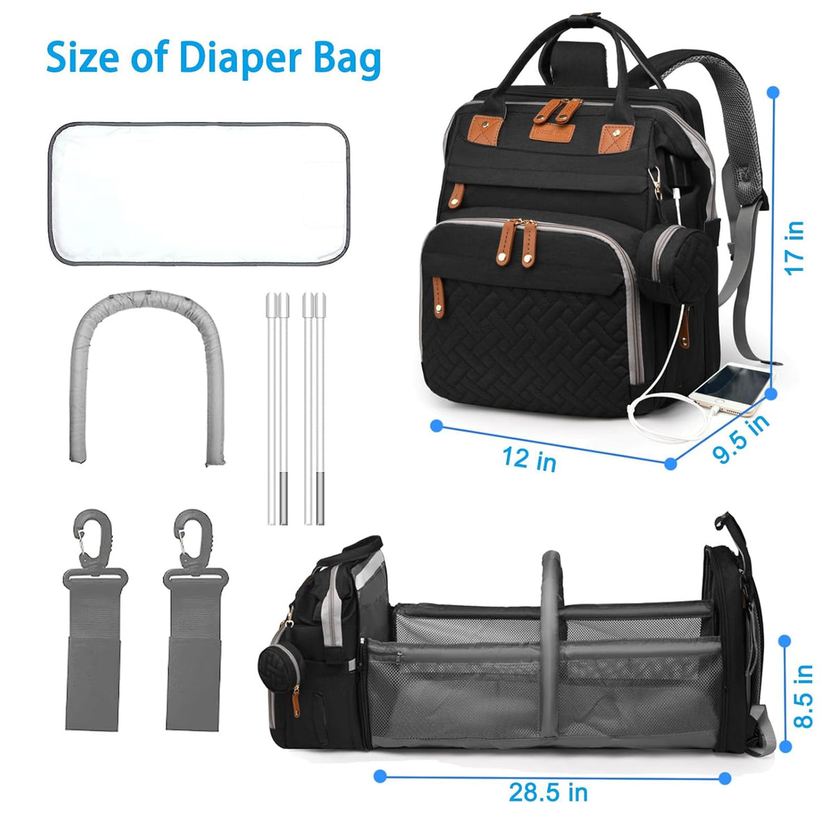 Jeryswet Baby Diaper Bags with Changing Station, Waterproof Large Capacity Diaper Bag Backpack for Moms Dads with USB Charging Port and Stroller Straps, Baby Shower Gifts, Black
