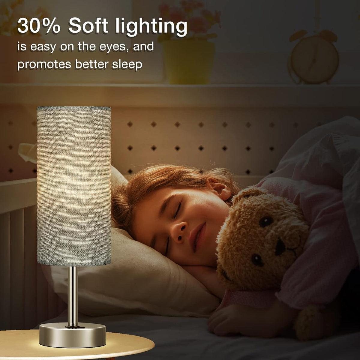 Grey Touch Nightstand Lamps for Girl - Small Bedside Lamp with USB-C and USB Charging Ports, 3 Way Dimmable Control Table Lamp for Living Room Office, Dorm, Reading with Fabric Shade Silver Base
