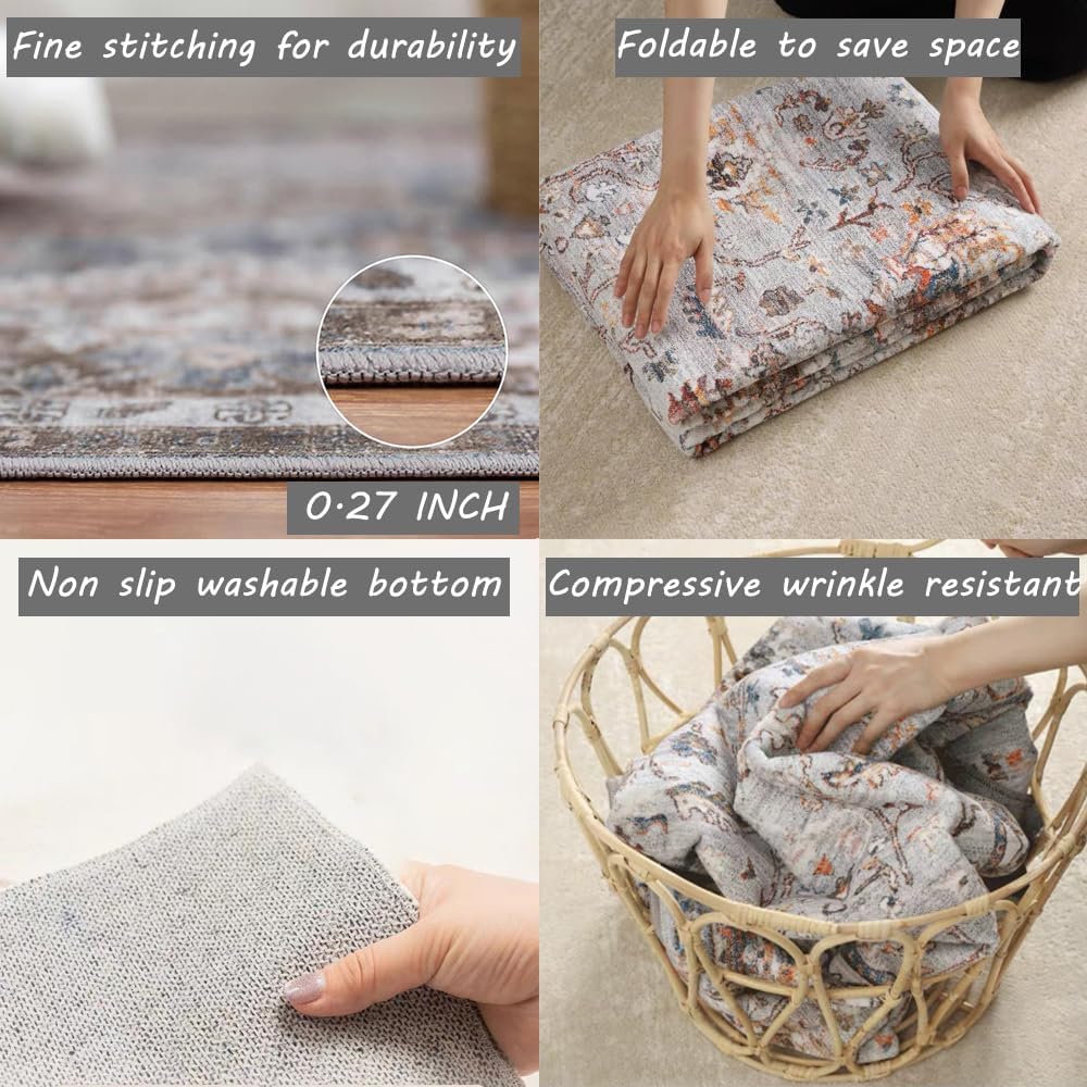 Area Rug 4x6 Washable Rug Taupe Vintage Traditional Floor Cover Foldable Thin Retro Accent Indoor Distressed Non Slip Carpet Floral Print Mat Bedroom Living Room Bathroom