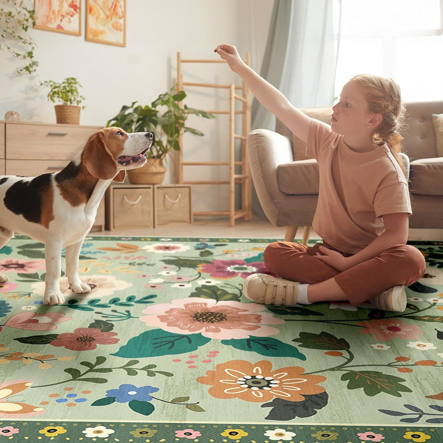 Floral 5x7 Area Rug Machine Washable Soft Print Boho Carpet Non Slip Doormat Low Pile Flower Area Rugs for Living Room Bedroom Nursery Kitchen Dining Room Indoor-Light Green