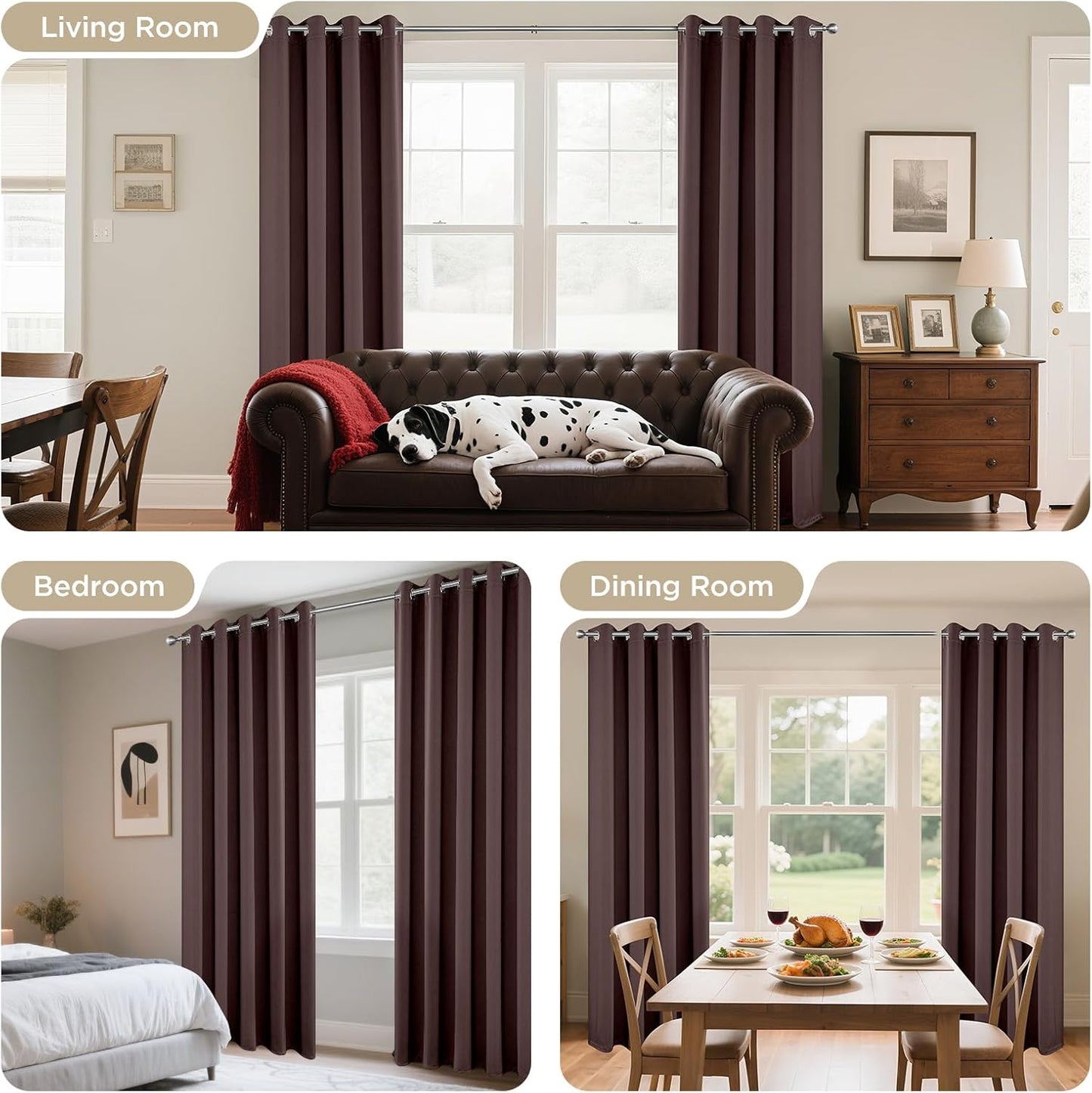 Joydeco Blackout Curtains 63 inch Length 2 Panels Set, Thermal Insulated Long Curtains & Drapes 2 Burg, Room Darkening Grommet Drapes for Bedroom Living Room Windows (W42 x L63 Inch, Chocolate)