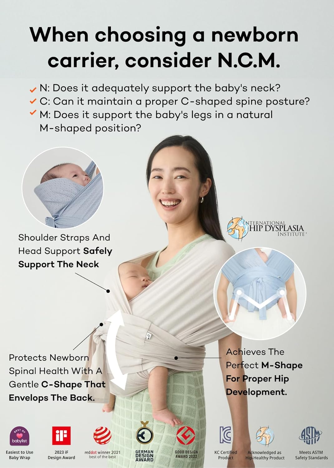 Konny Baby Carrier Flex SoftBreeze with Head Support - Adjustable, Easy to Wear Baby Wrap Sling, Perfect for Newborn Babies Essentials up to 44 lbs (M-4XL) - Charcoal