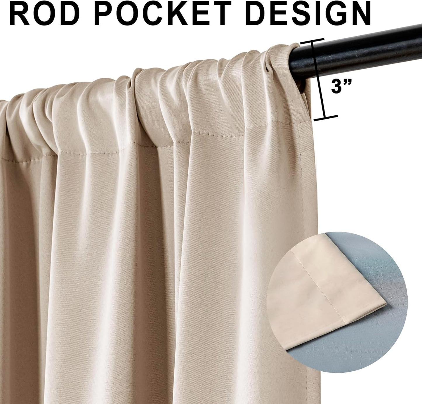 XWZO 100% Blackout Curtains, Double Layer Full Room Darkening and Energy Efficiency Rod Pocket Window Panels with Tiebacks for Living Room, Biscotti Beige, W52 x L95, Set of 2 Drape Panels