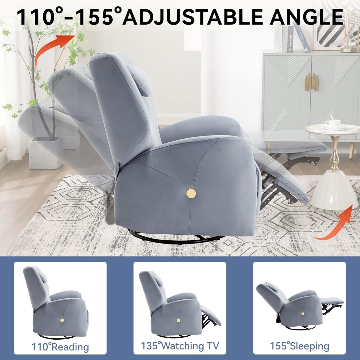 Glider Rocking Chair Nursery, Swivel Rocker, Power Recliner Chair, Nursery Glider Recliner with Adjustable Headrest, USB Ports, Living Room Chairs, Fabric (Fabric Blue, Adjustable Headrest)