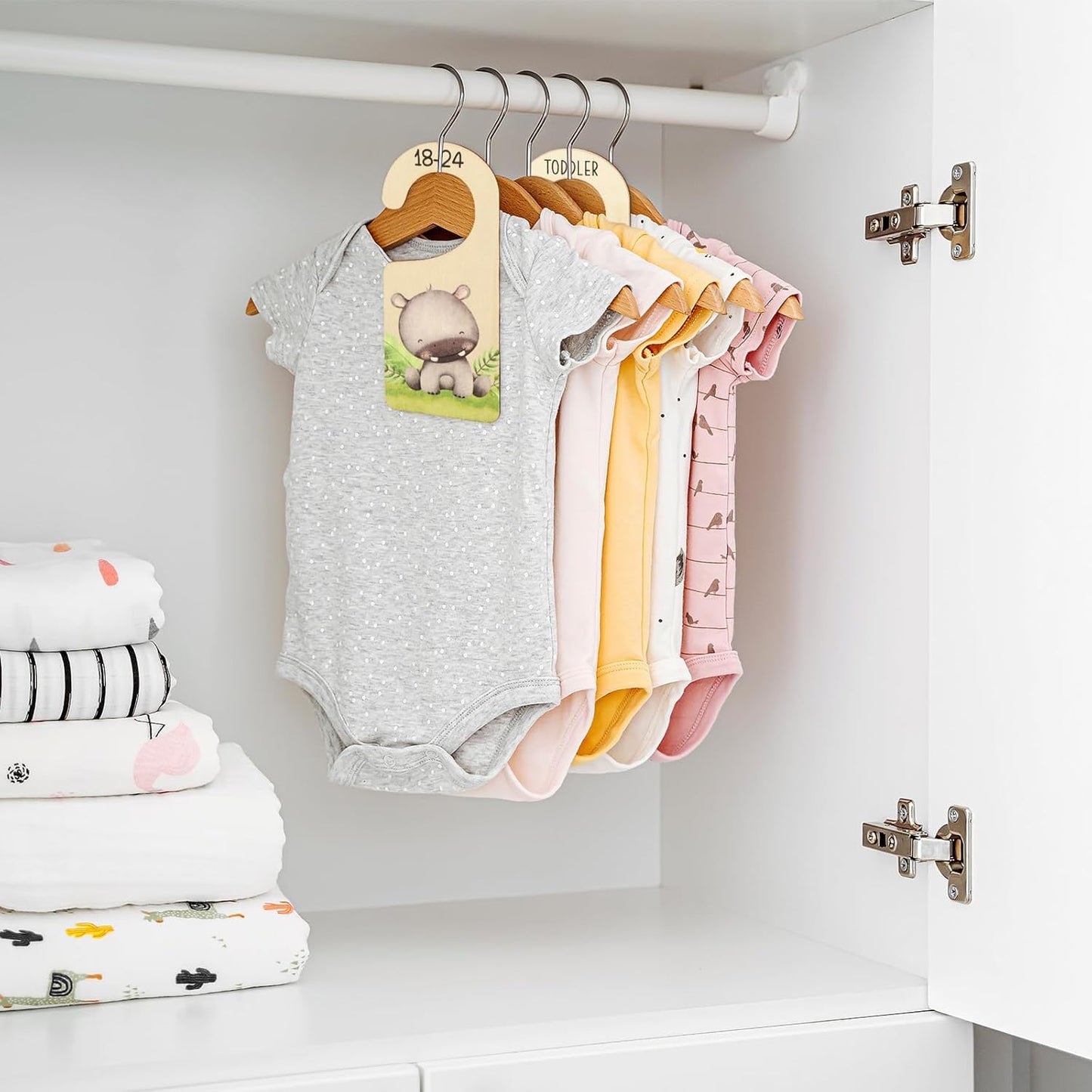 Whaline 8Pcs Baby Closet Size Dividers Watercolor Safari Animals Hanging Wooden Baby Closet Organizer Newborn to 24 Months Thicken Baby Wardrobe Organizer