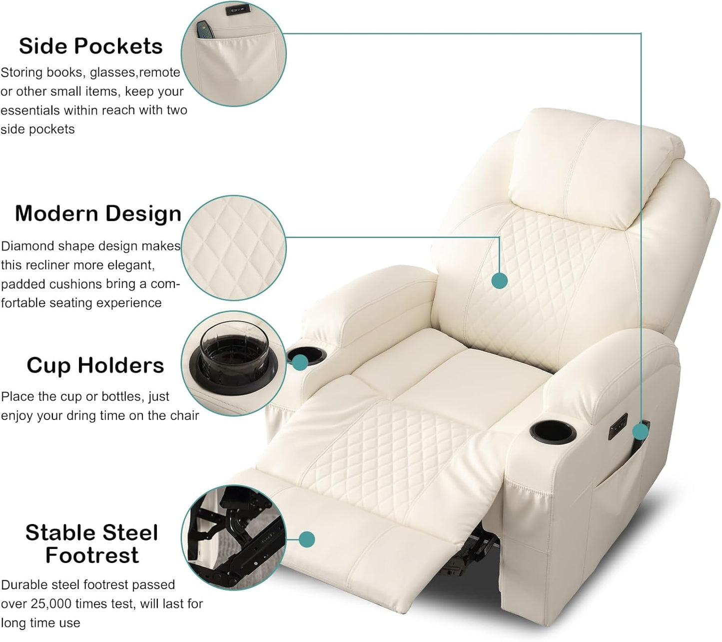 Power Recliner Chair with Heat and Massage for Adults - Home Theater Seating with LED Lights,Cup Holders,Side Pocket,USB Port - Recliner Sofa for Living Room (Beige, Set of 2)