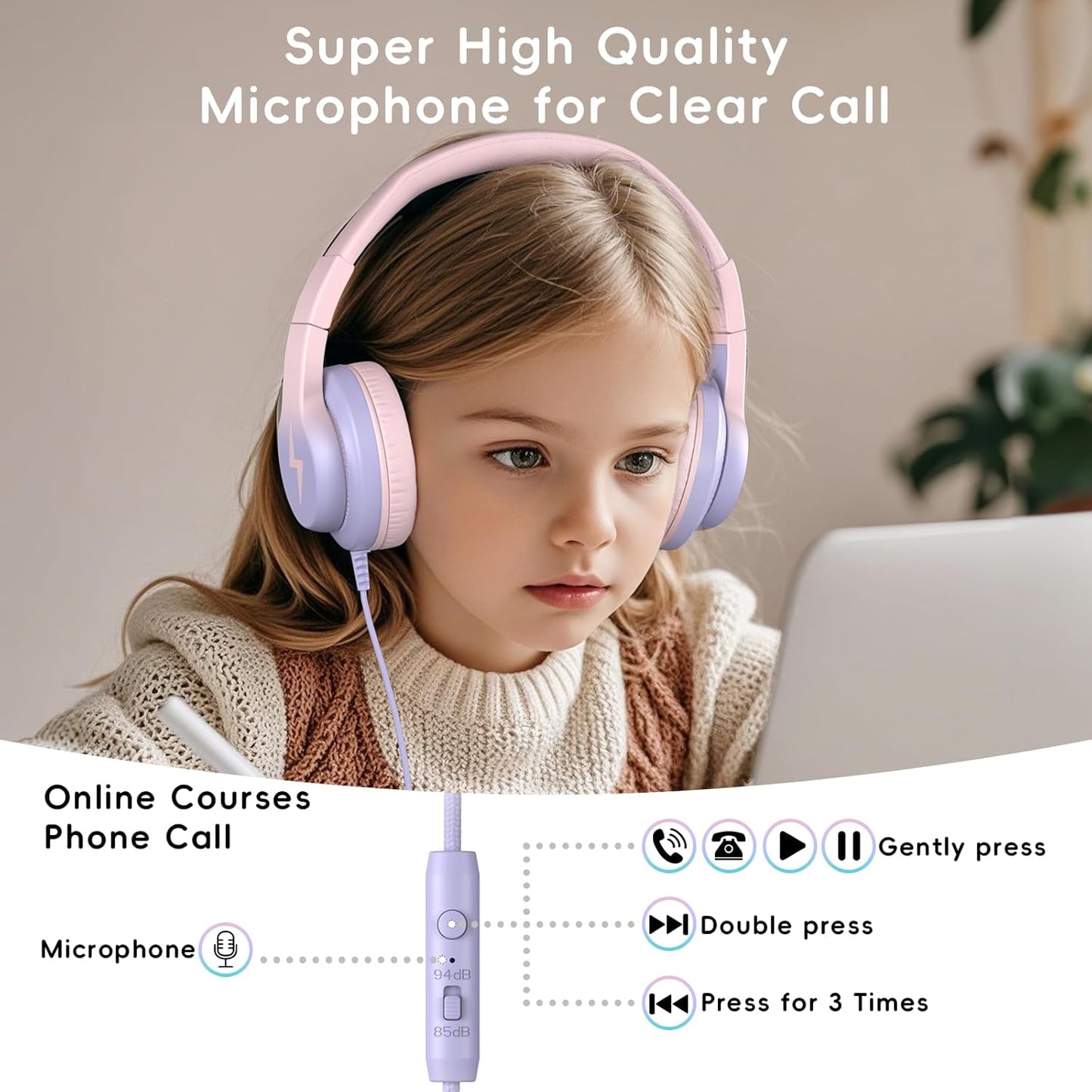 Kids Headphones, Wired Headphones for Kids Over Ear with Microphone, 85/94dB Volume Limiter Headphone for Girls Boys, Foldable Headphone for Learning & Entertainment, Gradient Pink