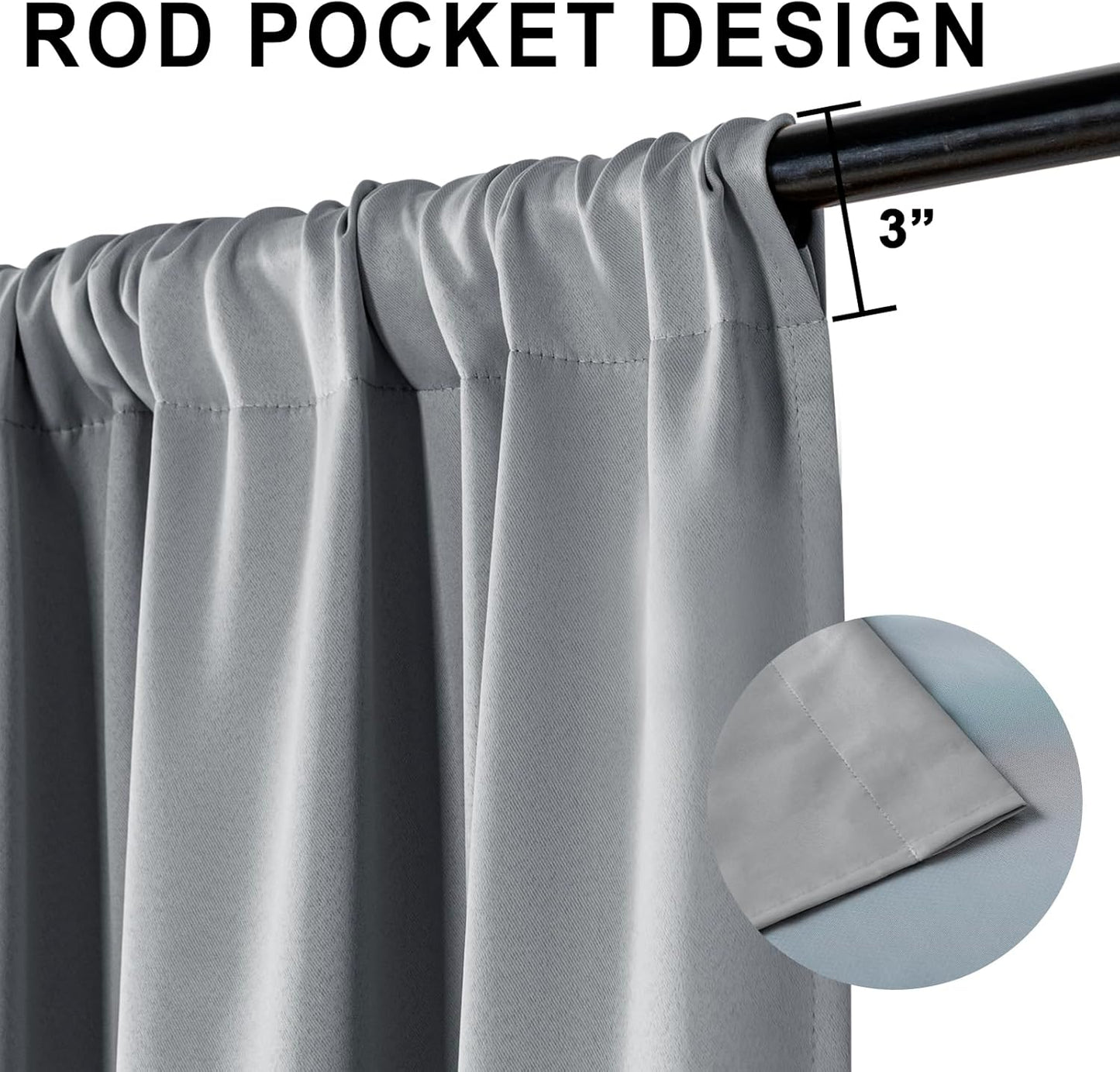 XWZO 100% Blackout Curtain Panels - Rod Pocket Thermal Insulated Black Liner, Noise Reducing and Heat Blocking Drapes for Hall and Studio Windows with Tiebacks, Grey, W52 x L95, Set of 2