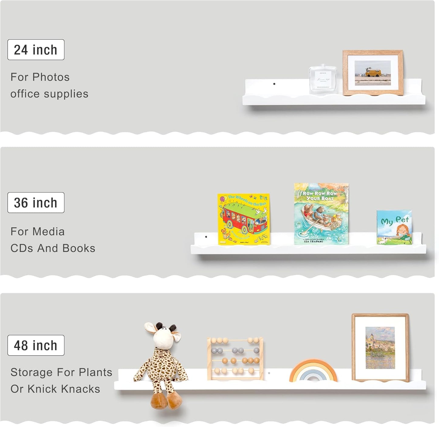 Fun Memories Picture Ledge Shelf for Wall, 48 inch Pine Wood Nursery Book Shelves Set of 2- Wall Book Shelves for Kids Room, Home Decor - Kitchen Spice-White