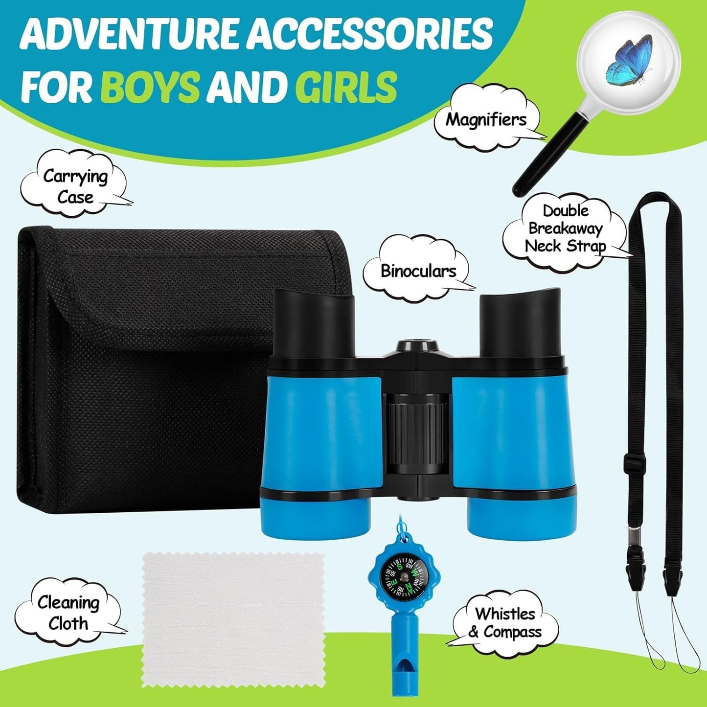 Binoculars for Kids, Kids Binoculars Toys for 3 4 5 6 7 8 Years Boys and Girls, Set with Magnifying Glass & Compass - Birthday Gifts Outdoor Toy for Kid Ages 3-8 Toddler Camping (Blue)