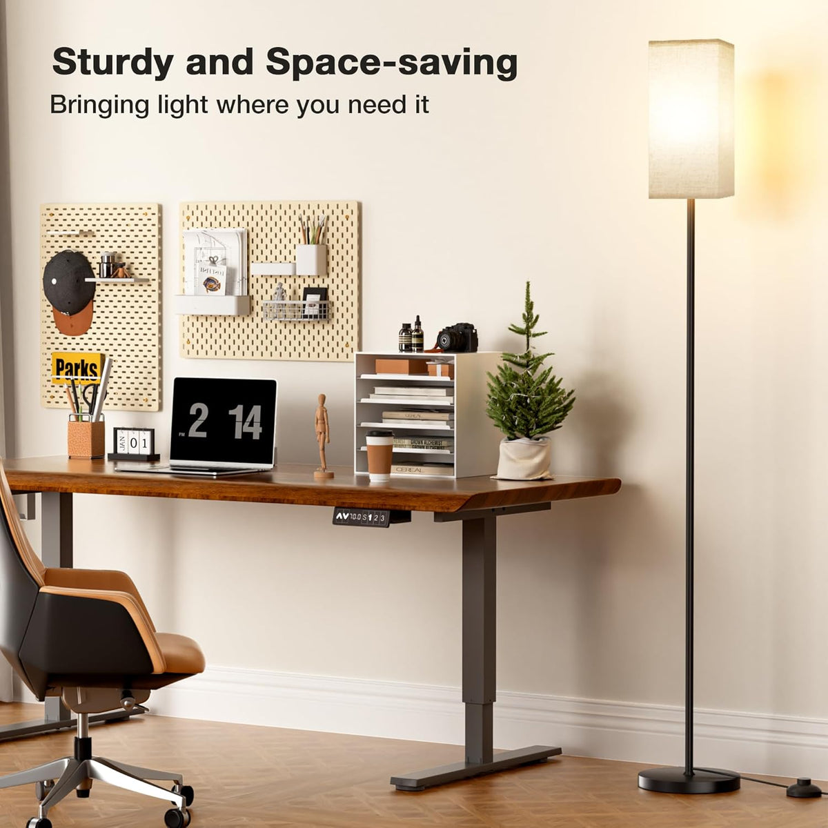 Ambimall Floor Lamps for Living Room & Remote Control, 9W Stepless Dimmable Bulb, Foot Switch, 64'' Tall Standing Lamp, Beige Lampshade(Black)