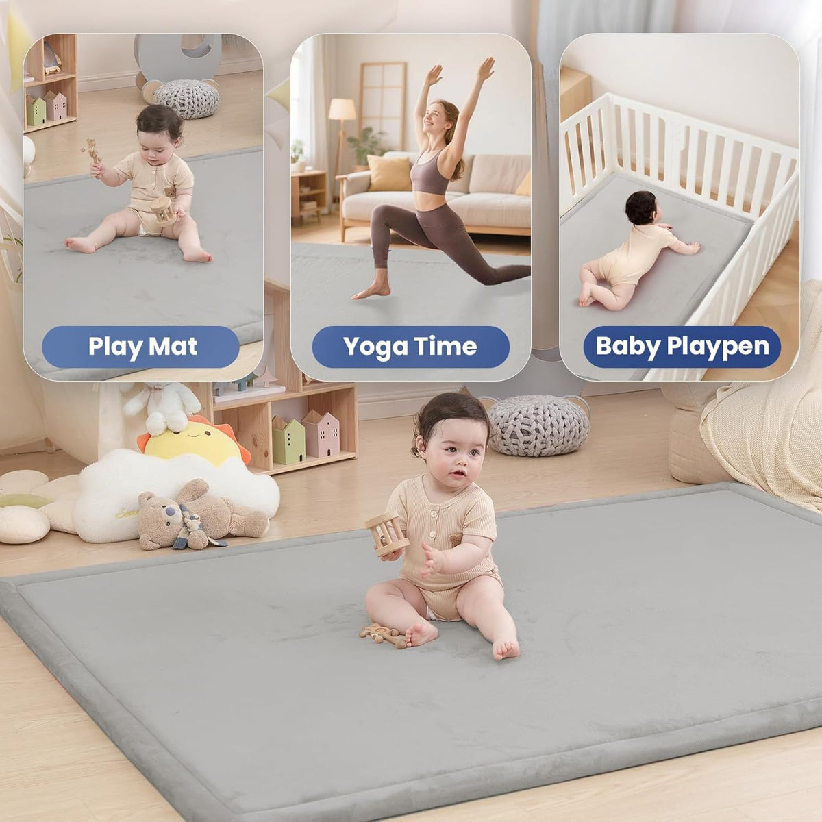 Baby Play Mat for Floor,1.3" Thick Memory foam Tummy Time Mat,79"×158“ Extra Large Soft Velvet Nursery Rug,Non Slip Safe for Crawling,Toddlers,Infants,kids,Tatami Style for Living Room(Light Grey)