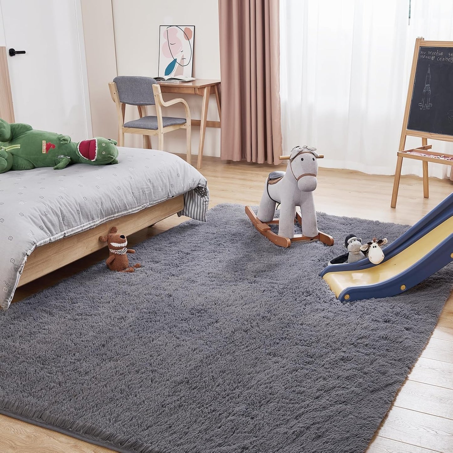 8x10 Grey Fluffy Rug, Ultra Soft Area Rugs for Living Room, Plush Indoor Carpet, Anti-Skid High Pile Luxury Rugs for Bedroom, Nursery, Kids Room, Playroom, Home Decor