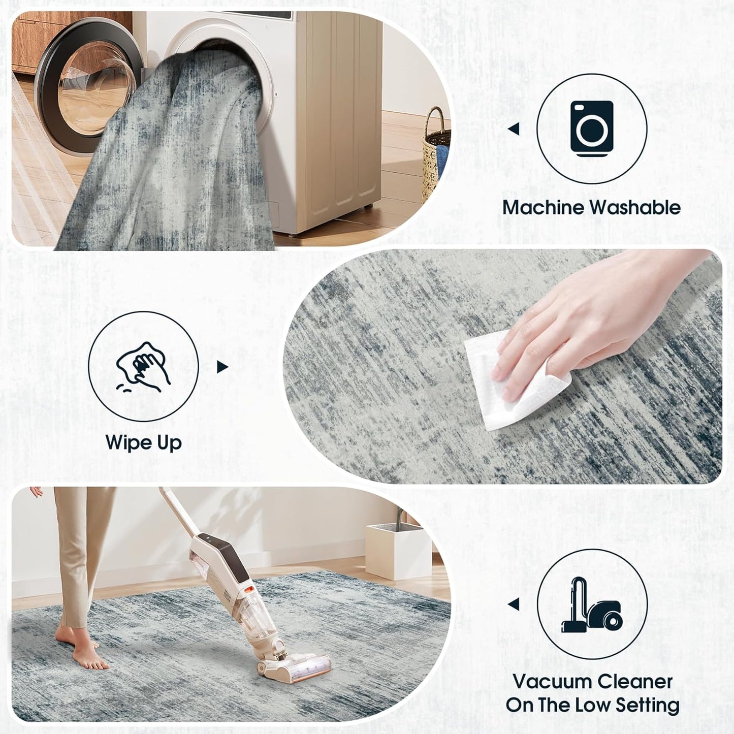 Area Rugs 8x10 Living Room Rugs: Modern Abstract Washable Rug with with Non-Slip Backing, Stain Resistant Indoor Floor Large Carpet for Bedroom Dining Room Table Nursery Hallway Home Office-Blue/Ivory