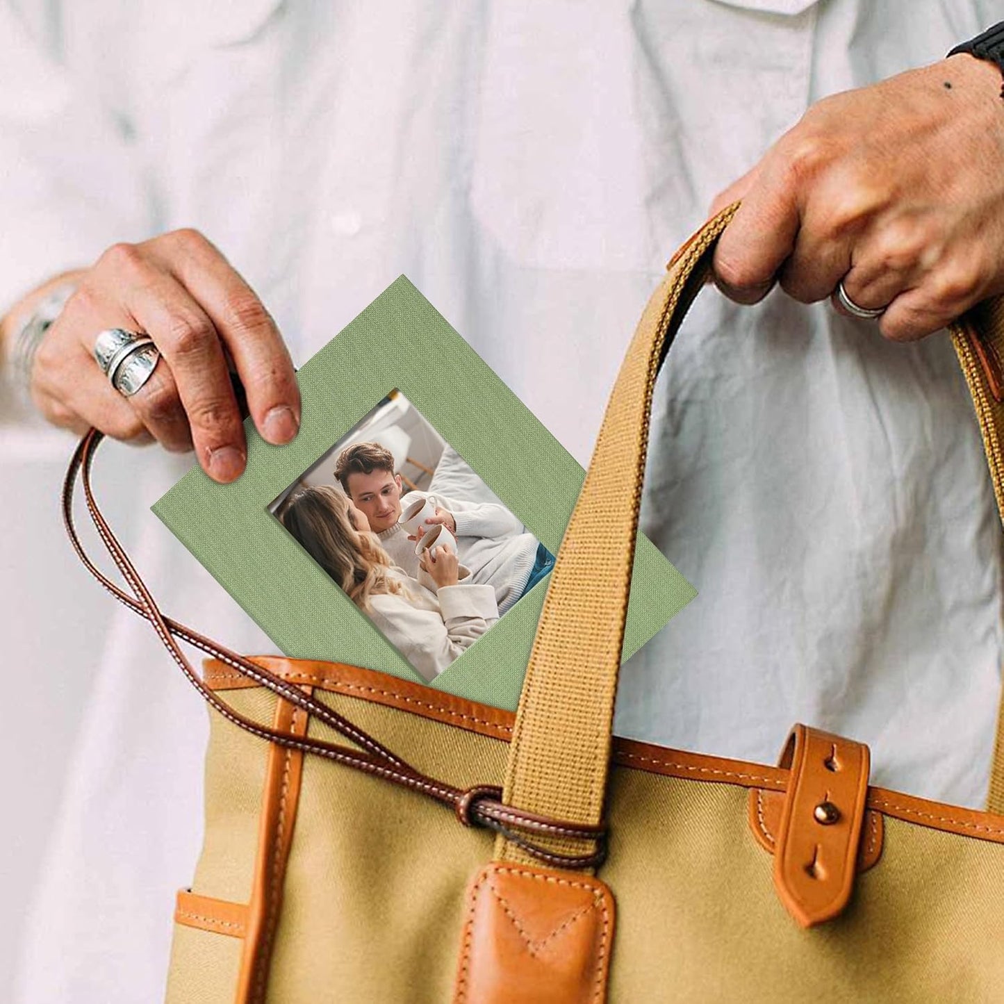 Small 4x6 Photo Album 24 Pockets Linen Cover with Front Window Portable Mini Picture Book for Travel Wedding Memories Organizer Light Green