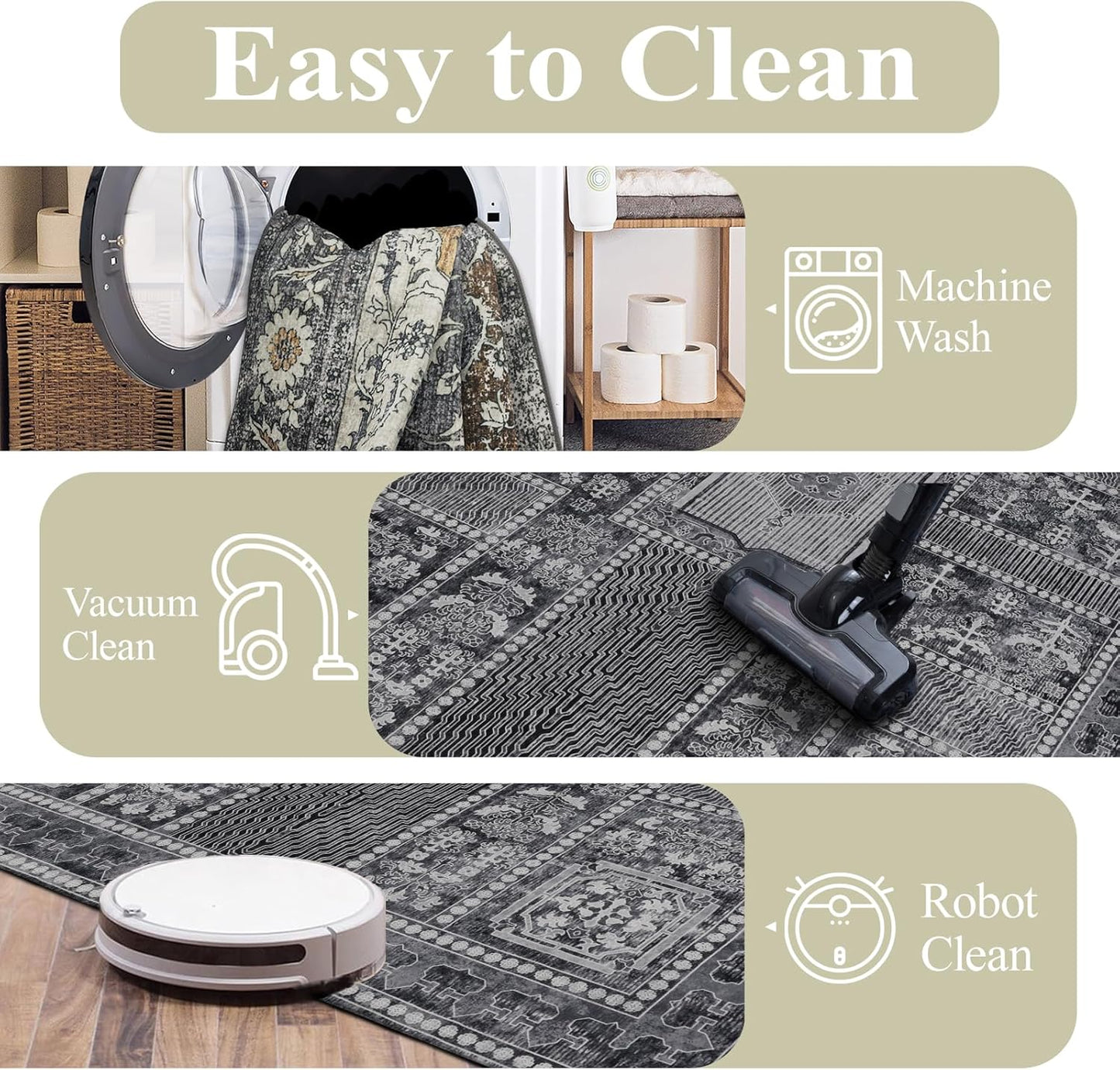 Washable Rugs 5x7 Area Rugs for Living Room, Thin Carpet for Bedroom, Soft Faux Wool Retro Dining Room Rug,Non Slip&Non-Shedding Resistant Low Pile Vintage Print Rug for Home Office (Grey)