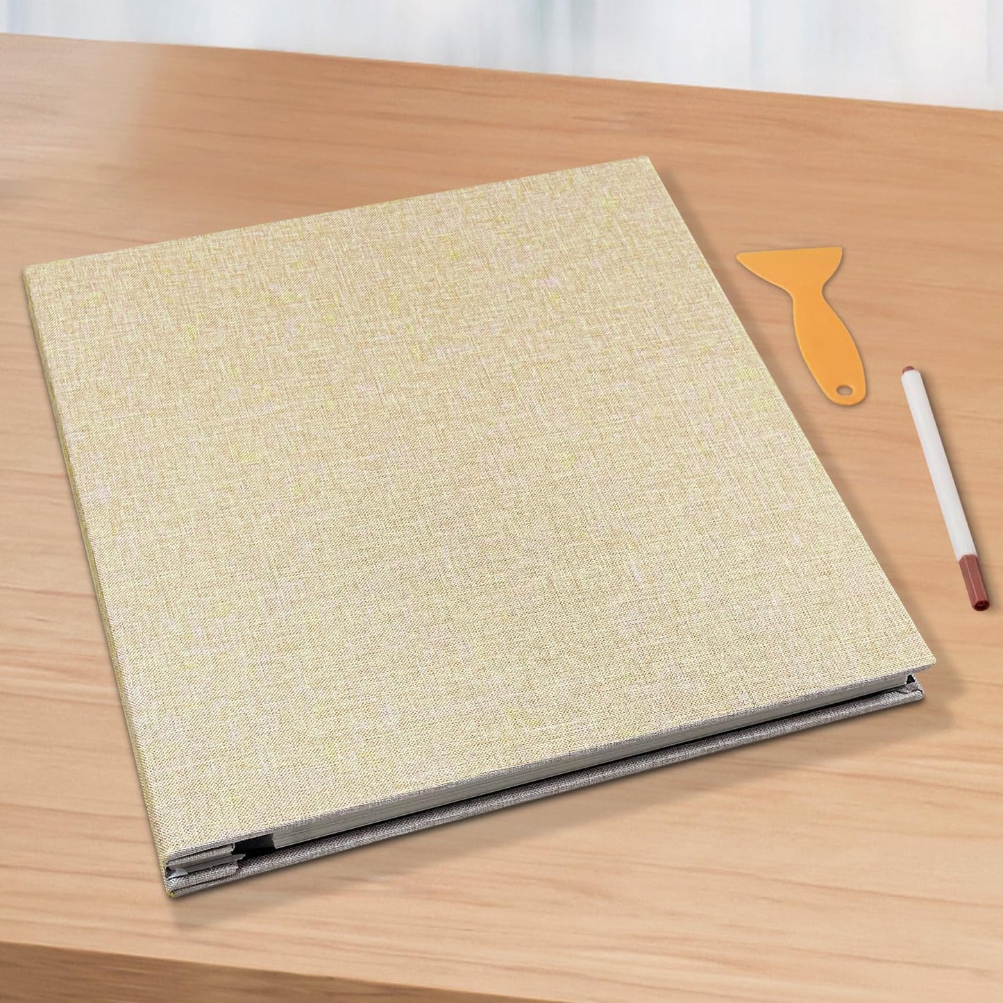 Large Photo Album Self Adhesive Scrapbook Album for 4×6 5×7 8×10 Pictures DIY Magnetic Linen Cover Album 60 Pages for Family Wedding Gifts with Metal Pen and Plastic Board